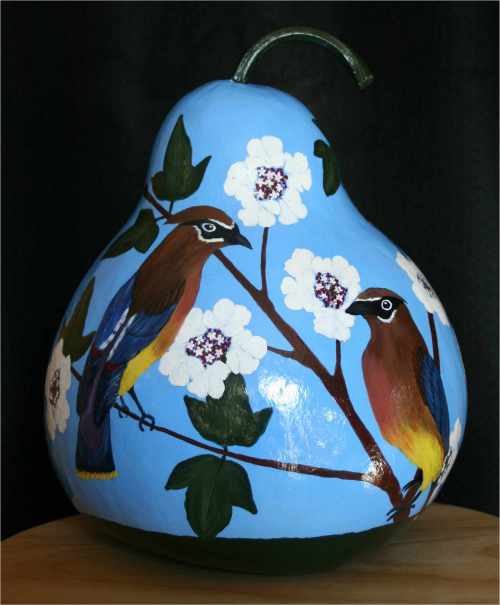 gourd with cedar waxwings